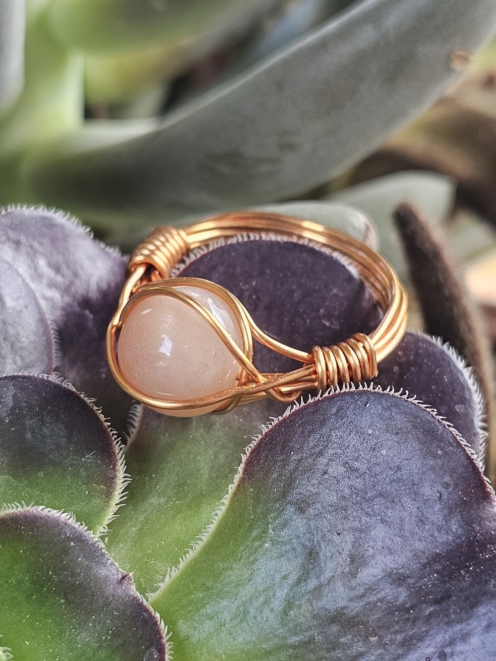 Handcrafted Copper Wire Ring with Peach Stone